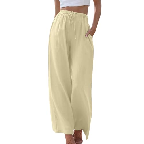 RoomTour Damen Sommer Leinenhose High Waist Weite Palazzo Leg Hose mit Tunnelzug und Taschen von RoomTour