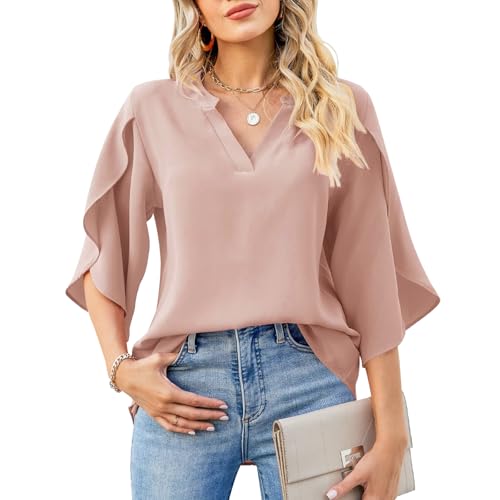 RoomTour Damen Sommerbluse Elegant mit Rüschenärmel und V-Ausschnitt Chiffon Bluse Casual Tops von RoomTour