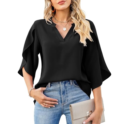 RoomTour Damen Sommerbluse Elegant mit Rüschenärmel und V-Ausschnitt Chiffon Bluse Casual Tops von RoomTour