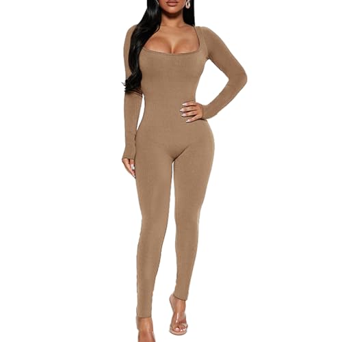 RoomTour Damen Sport Jumpsuit Lang Elegant Shapewear Bodysuits Yoga Bodycon Langarm Tights Shape Stretch Sports Braun M von RoomTour