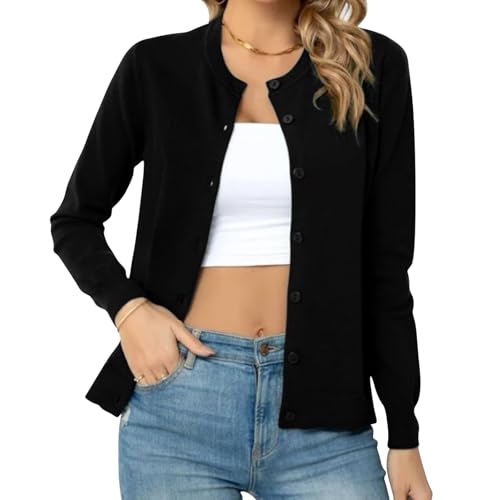 RoomTour Damen Strickjacke Langarm Rundhalsstrickjacke Casual Cardigan Strickmantel mit Knöpfen von RoomTour