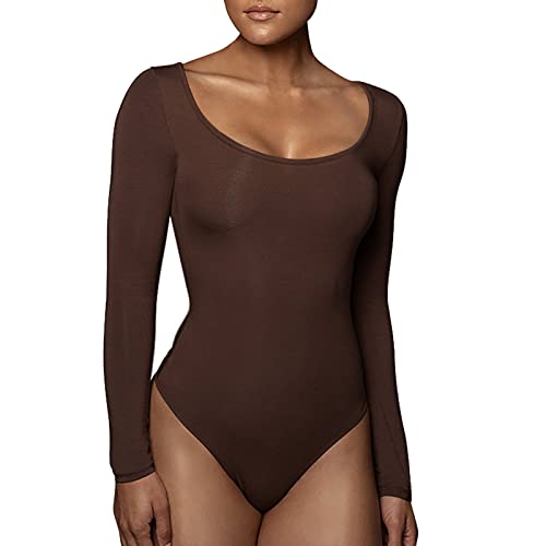 RoomTour Damenbody Elegant Langarm Body Damen Bodysuit Tops for damen Stringbody 1-Braun L von RoomTour