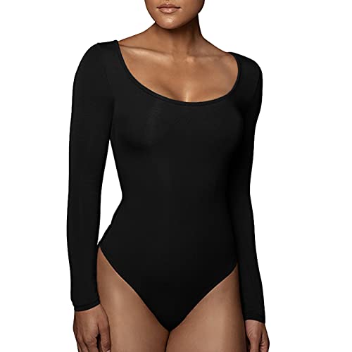 RoomTour Damenbody Elegant Langarm Body Damen Bodysuit Tops for Damen Stringbody 4-Schwarz XL von RoomTour