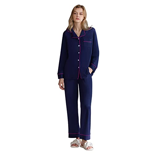 RoomTour Schlafanzug Damen Baumwolle Pyjama Set Lang Zweiteiliger Nachtwäsche Pyjamahose Hausanzug Freizeitanzug Navy S von RoomTour