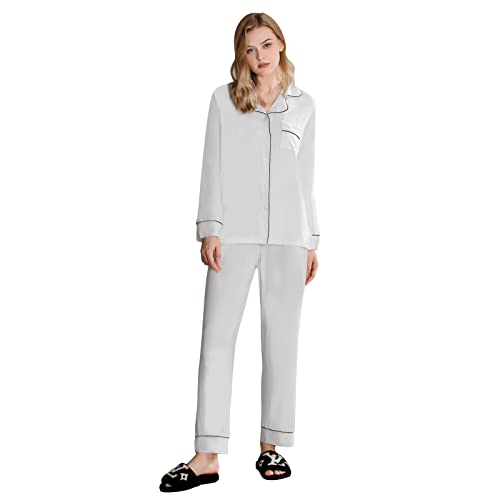 RoomTour Schlafanzug Damen Baumwolle Pyjama Set Lang Zweiteiliger Nachtwäsche Pyjamahose Hausanzug Freizeitanzug Weiß L von RoomTour