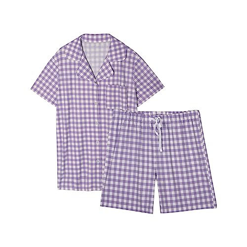 RoomTour Schlafanzug Damen Kurz Baumwolle Pyjama Set Zweiteiliger Nachtwäsche Sleepwear Pyjamahose Hausanzug Kurz Viola XXL von RoomTour