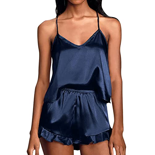 RoomTour Schlafanzug Damen Satin Kurz Sexy Pyjama Nachtwäsche Loungewear ärmellos Silk Sommer Blau L von RoomTour