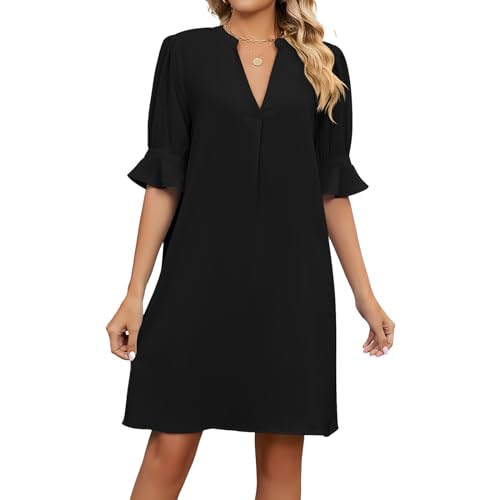 RoomTour Sommerkleid Damen V-Ausschnitt Frauen Kleider Casual Kurzarm Rüschen Hemdkleid von RoomTour