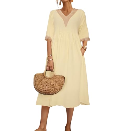 RoomTour Sommerkleid Damen V-Ausschnitt Kurzarm Kleider Casual Strandkleid mit Taschen Beige S von RoomTour