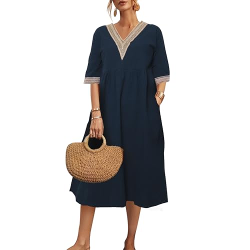 RoomTour Sommerkleid Damen V-Ausschnitt Kurzarm Kleider Casual Strandkleid mit Taschen Schwarz 2XL von RoomTour