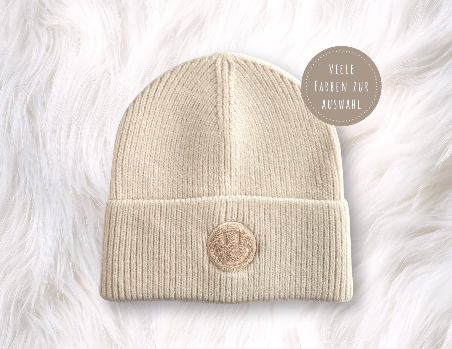 strick Mütze Mit Gesticktem Smiley | Beanie in Dunkelgrau, Hellgrau, Taupe, Beige Und Pink Gestrickte von RoosGiftShop