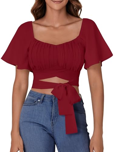 Rooscier Damen-Bluse mit Rüschen, kurze Ärmel, quadratischer Ausschnitt, zum Selbstbinden, bauchfreies Top, Weinrot, Klein Rooscier Damen-Bluse mit Rüschen, kurze Ärmel, quadratischer Ausschnitt, zum Selbstbinden, bauchfreies Top, Weinrot, Klein von Rooscier