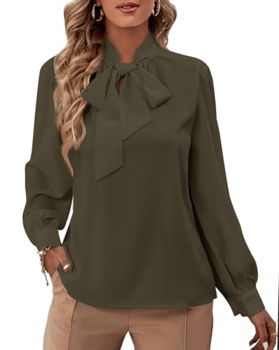 Rooscier Damen Bluse mit Schleife, Ausschnitt, langärmelig, Knopfmanschette, Chiffon, elegante Bluse, Solides Armeegrün, Groß Rooscier Damen Bluse mit Schleife, Ausschnitt, langärmelig, Knopfmanschette, Chiffon, elegante Bluse, Solides Armeegrün, Groß von Rooscier
