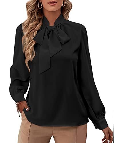Rooscier Damen Bluse mit Schleife, V-Ausschnitt, Langarm, Knopfmanschette, Chiffon, elegante Bluse, schwarz, X-Groß von Rooscier