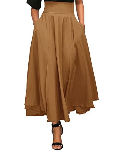 Rooscier Damen Elastische Hohe Taille Krawatte Knoten Zurück A-Linie Ausgestellt mit Taschen Langer Rock, Dunkles Khaki, Medium von Rooscier