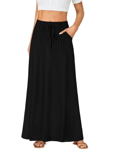 Rooscier Damen Elastische Hohe Taille Maxirock Casual A-Linie Langer Rock mit Tasche, Schwarz, Groß von Rooscier