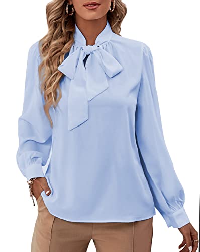 Rooscier Damen Fliege Ausschnitt Langarm Buttton Manschette Chiffon Elegante Bluse, hellblau, Klein von Rooscier