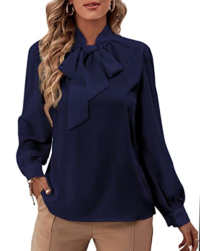 Rooscier Damen Fliege Ausschnitt Langarm Buttton Manschette Chiffon Elegante Bluse, marineblau, Klein von Rooscier