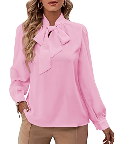 Rooscier Damen Fliege Hals Langarm Buttton Manschette Chiffon Elegante Bluse, Babyrosa, Groß von Rooscier