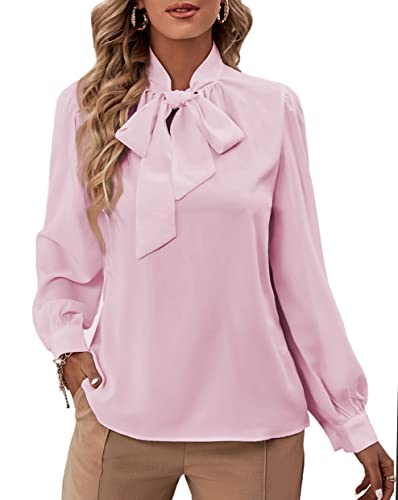 Rooscier Damen Fliege Hals Langarm Buttton Manschette Chiffon Elegante Bluse, Pink, Klein von Rooscier