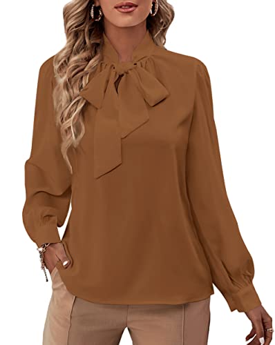 Rooscier Damen Fliege Hals Langarm Buttton Manschette Chiffon Elegante Bluse, braun, Groß von Rooscier