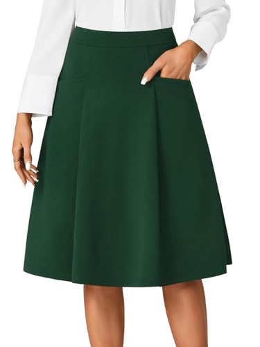 Rooscier Damen High Waist Plissee Ausgestellt A Linie Elegant Midi Rock mit Taschen, Dunkelgrün, Klein von Rooscier