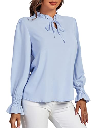 Rooscier Damen Rüschen Stehkragen Selbstbinden Geraffte Rüschen Langarm Elegante Bluse, Babyblau, X-Groß von Rooscier
