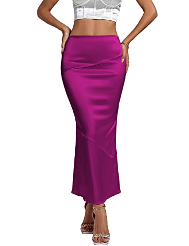 Rooscier Damen Satin Seide Bodycon Split Back Hohe Taille Elegant Club Maxi Rock, Rose, Mittel von Rooscier