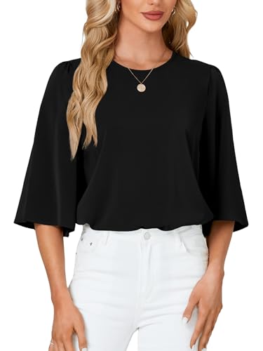 Rooscier Damen-Sommer-Chiffon-Bluse, halbe Ärmel, Business-Casual-Tunika, Tops, Schwarz, Mittel Rooscier Damen-Sommer-Chiffon-Bluse, halbe Ärmel, Business-Casual-Tunika, Tops, Schwarz, Mittel von Rooscier