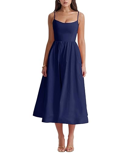 Rooscier Damen Spaghettiträger Ärmellos Hohe Taille Rüschen A Linie Taschen Midi Kleid, Marineblau, Mittel von Rooscier