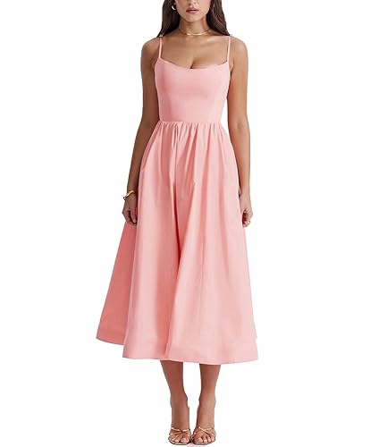 Rooscier Damen Spaghettiträger Ärmellos Hohe Taille Rüschen A Linie Taschen Midi Kleid, Pink, Mittel Rooscier Damen Spaghettiträger Ärmellos Hohe Taille Rüschen A Linie Taschen Midi Kleid, Pink, Mittel von Rooscier