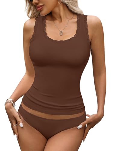 Rooscier Damen Spitze Camisole Tank Tops Soft Stretch Gerippt Modal Cami Unterhemd, Dunkelbraun, Groß von Rooscier