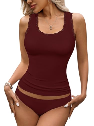 Rooscier Damen Spitze Camisole Tank Tops Soft Stretch Gerippt Modal Cami Unterhemd, Weinrot, Groß von Rooscier