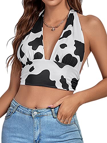 Rooscier Damen Tiefer V-Ausschnitt Neckholder Raffhalter Ärmellos Rückenfrei Cami Crop Top, Kuhmuster, Klein von Rooscier