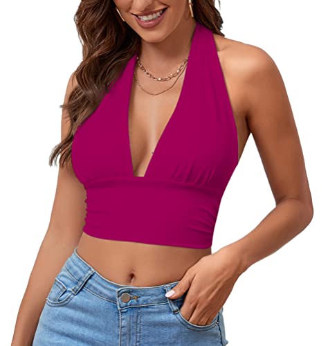 Rooscier Damen Tiefer V-Ausschnitt Neckholder Raffhalter Ärmellos Rückenfrei Cami Crop Top, Rose, X-Klein von Rooscier