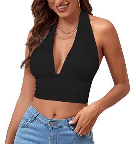 Rooscier Damen Tiefer V-Ausschnitt Neckholder Tie Back Ärmellos Rückenfrei Cami Crop Top, Schwarz, Groß von Rooscier