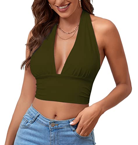 Rooscier Damen Tiefer V-Ausschnitt Neckholder Schnürung Rücken Ärmellos Rückenfrei Cami Crop Top, armee-grün, Mittel von Rooscier