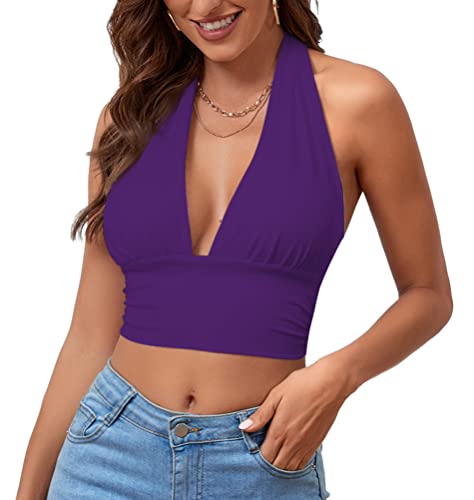 Rooscier Damen Tiefer V-Ausschnitt Neckholder Schnürung Rücken Ärmellos Rückenfrei Cami Crop Top, dunkelviolett, Mittel von Rooscier
