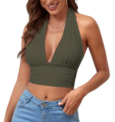 Rooscier Damen Tiefer V-Ausschnitt Neckholder Tie Back Ärmellos Rückenfrei Cami Crop Top, Solides Armeegrün, Mittel von Rooscier