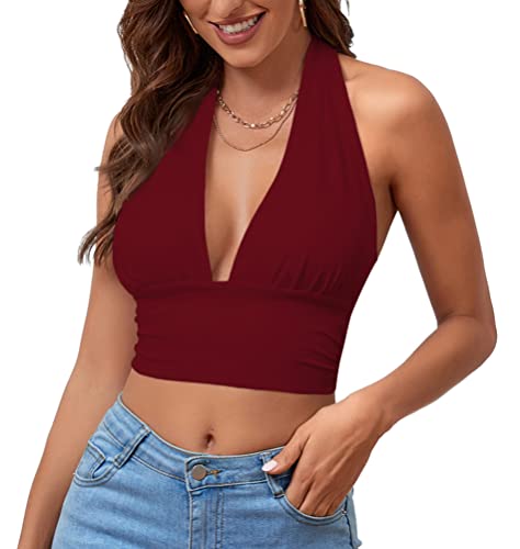 Rooscier Damen Tiefer V-Ausschnitt Neckholder Tie Back Ärmellos Rückenfrei Cami Crop Top, Weinrot, X-Groß von Rooscier