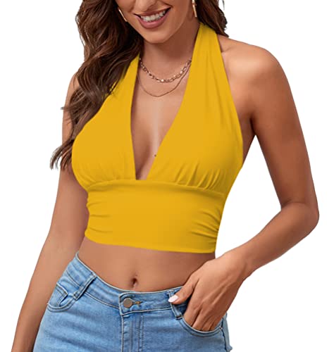 Rooscier Damen Tiefer V-Ausschnitt Neckholder Tie Back Sleeveless Backless Cami Crop Top, gelb, X-Klein von Rooscier