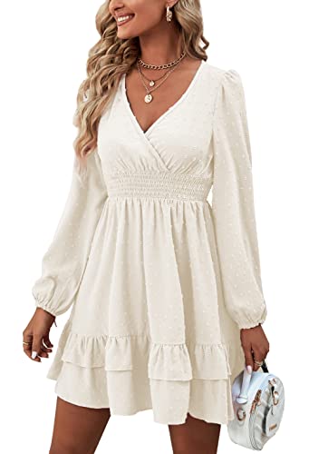Rooscier Damen Wrap V Ausschnitt Swing Rüschen Swiss Dots Langarm Minikleid, reines Weiß, X-Klein von Rooscier