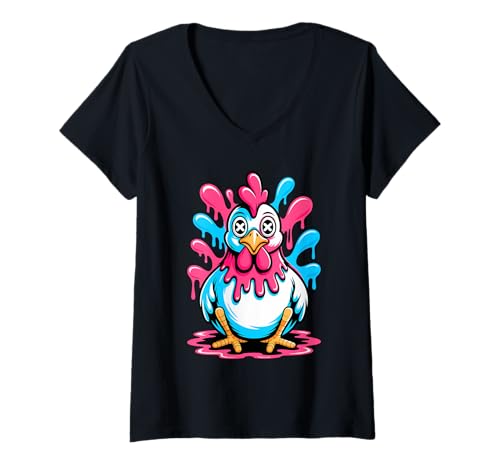 Damen Graffiti Schmelzende Kunst Huhn Hühner T-Shirt mit V-Ausschnitt von Rooster Chicken Lover Gifts