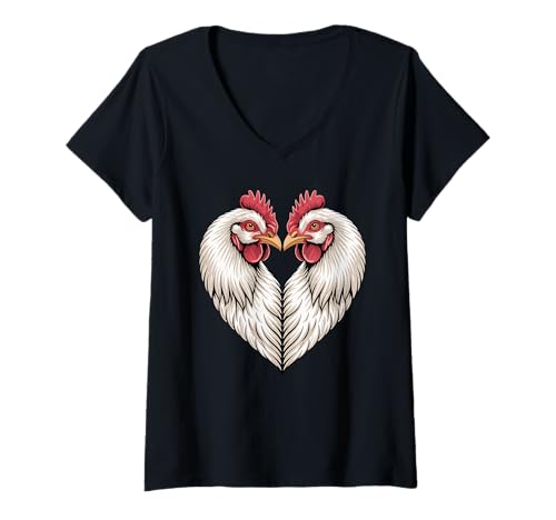 Damen Herz Huhn Hahn Hühner Henne T-Shirt mit V-Ausschnitt von Rooster Chicken Lover Gifts