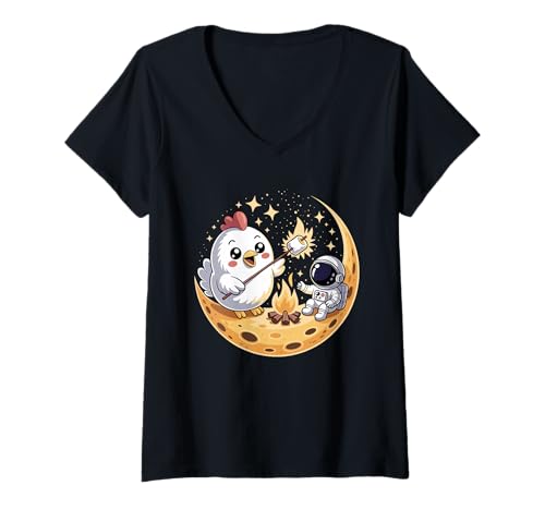 Damen Huhn Astronaut Lagerfeuer Camping Halbmond T-Shirt mit V-Ausschnitt von Rooster Chicken Lover Gifts