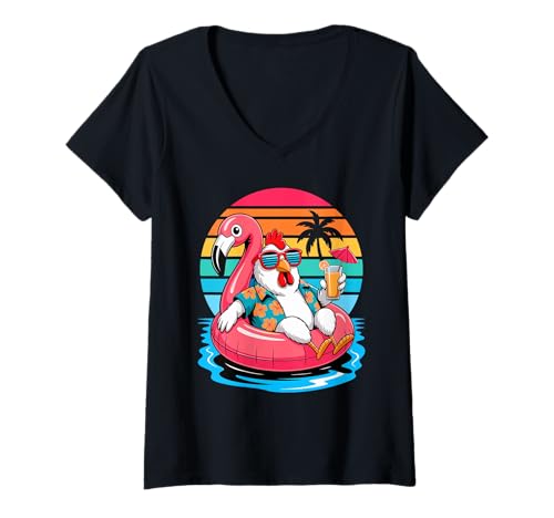 Damen Huhn Sonnenbrille Strand Sommer Pool Schwimmhilfe Flamingo T-Shirt mit V-Ausschnitt von Rooster Chicken Lover Gifts