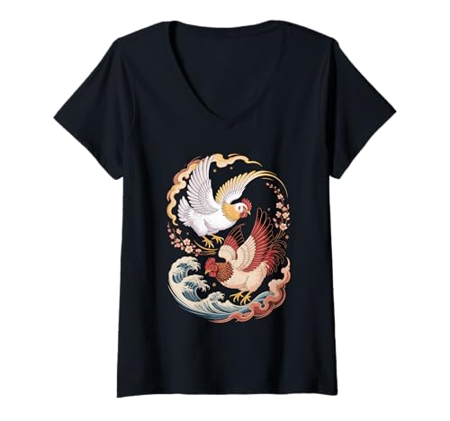 Damen Japanische Kunst Wellen Hühner Huhn T-Shirt mit V-Ausschnitt von Rooster Chicken Lover Gifts