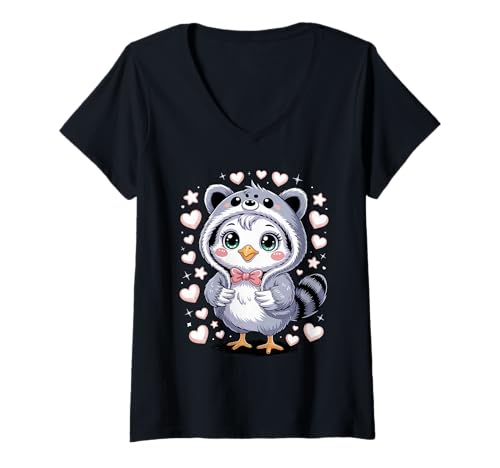 Damen Kawaii Huhn Waschbär Kostüm Hühner T-Shirt mit V-Ausschnitt von Rooster Chicken Lover Gifts