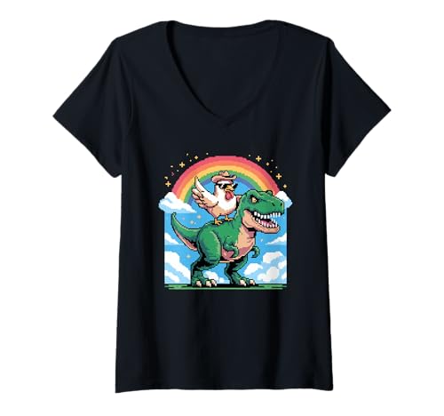 Damen Pixel Stil Kunst Huhn T-Rex Tyrannosaurus 8 Bit Grafik T-Shirt mit V-Ausschnitt von Rooster Chicken Lover Gifts