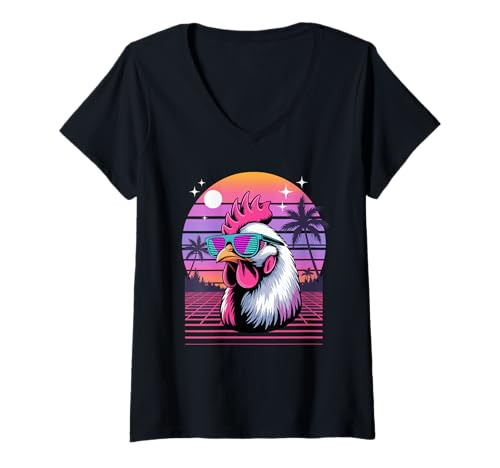 Damen Retro Synthwave Huhn Sonnenbrille Hühner T-Shirt mit V-Ausschnitt von Rooster Chicken Lover Gifts